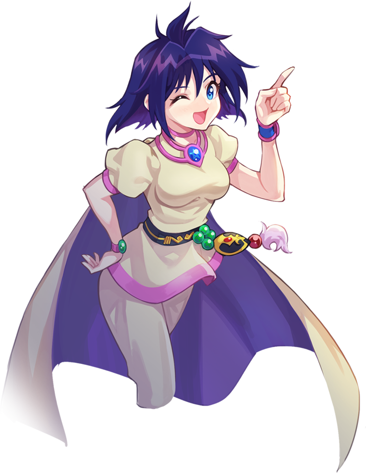 1girl ;d amelia_wil_tesla_seyruun artist_request belt black_belt blue_eyes blue_gemstone breasts cape choker eyelashes gem green_gemstone hand_on_own_hip looking_at_viewer medium_breasts medium_hair narrow_waist nexon official_art one_eye_closed open_mouth pants pink_choker pointing pointing_up puffy_short_sleeves puffy_sleeves purple_cape purple_hair red_gemstone second-party_source shirt short_sleeves simple_background slayers smile solo tales_weaver transparent_background two-sided_cape two-sided_fabric wristband yellow_cape yellow_pants yellow_shirt