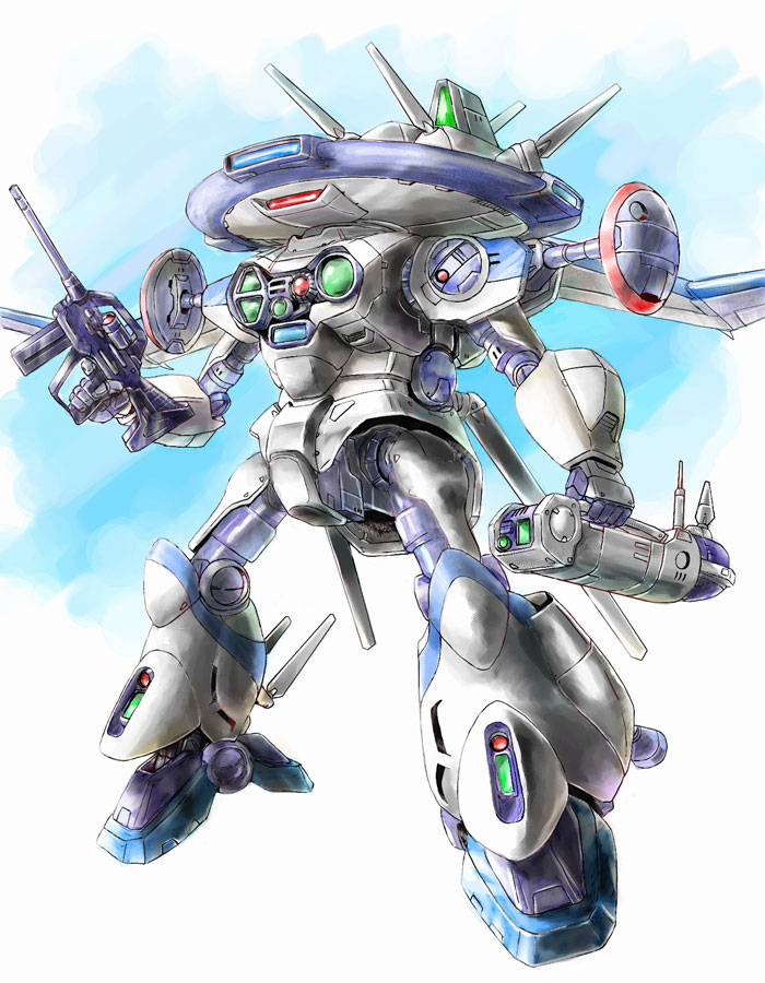 assault_visor beam_rifle cloud commentary_request d-3 energy_gun holding kikou_senki_dragonar machinery mecha mecha_focus no_humans poteto335 radome robot science_fiction videocassette_recorder weapon