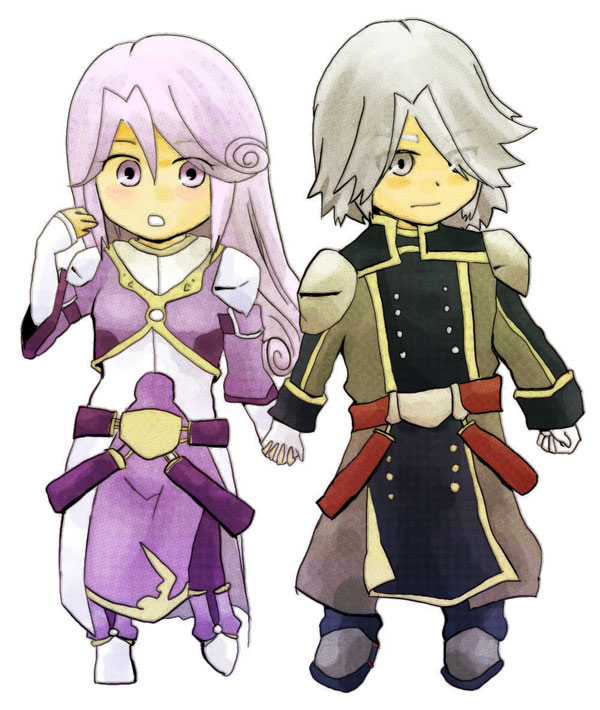 1boy 1girl belt breasts coat dios_(tales) dress gloves grey_eyes grey_hair long_hair meltia_(tales) open_mouth pants pantyhose purple_eyes purple_hair shoes short_hair tales_of_(series) tales_of_phantasia:_narikiri_dungeon tales_of_phantasia:_narikiri_dungeon_x