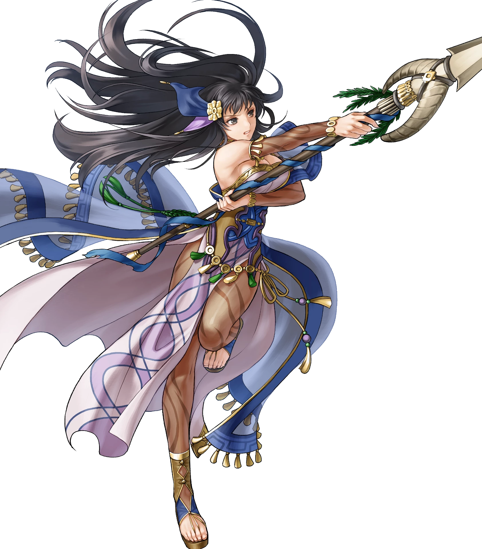 1girl bare_shoulders black_eyes black_hair breasts dress fire_emblem fire_emblem:_the_blazing_blade fire_emblem_heroes full_body gold_trim hair_ornament highres holding holding_weapon karla_(fire_emblem) karla_(hatari)_(fire_emblem) kita_senri loincloth long_hair medium_breasts nintendo non-web_source official_art pantyhose polearm short_sleeves spear strapless strapless_dress toeless_footwear toes transparent_background weapon wide_sleeves