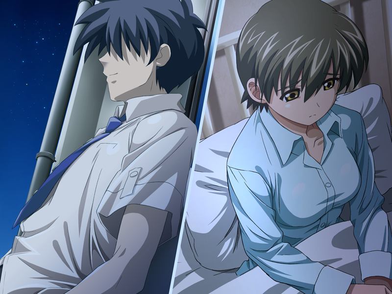 1boy 1girl blush edelweiss game_cg hinata_mizuki katakura_shinji short_hair