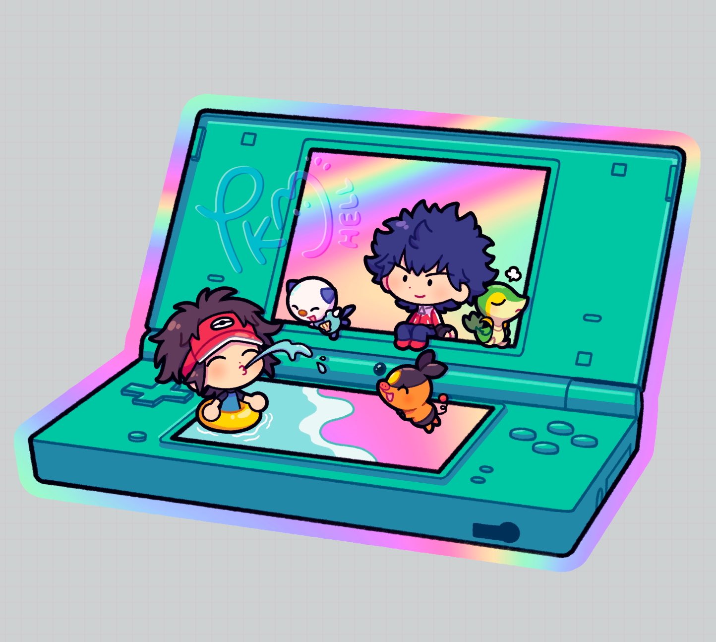 2boys black_eyes black_gloves bodysuit brown_hair closed_eyes closed_mouth commentary diving_suit english_commentary fingerless_gloves gen_5_pokemon gloves handheld_game_console highres hugh_(pokemon) innertube jacket male_focus multiple_boys nate_(pokemon) nintendo nintendo_ds o3o oshawott pants pokemon pokemon_bw2 shoes shore smile snivy starter_pokemon_trio submashell swim_ring tepig visor_cap water wetsuit