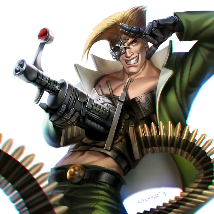 1boy artificial_eye artist_name battle_tendency blonde_hair blue_eyes cyborg flattop gatling_gun jojo_no_kimyou_na_bouken looking_at_viewer mechanical_eye mechanical_hands military military_uniform minigun rakavka rudolph_von_stroheim short_hair smile solo white_background