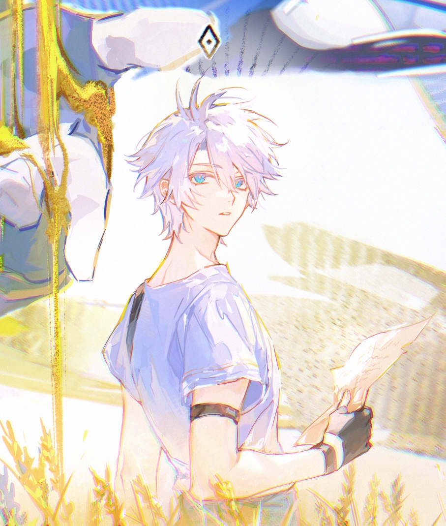 1boy antenna_hair black_choker black_gloves blue_eyes choker fingerless_gloves gloves grey_shirt hashtag-only_commentary holding holding_paper honkai:_star_rail honkai_(series) male_focus paper parted_bangs parted_lips phainon_(a_dream_scented_in_wheat)_(honkai:_star_rail) phainon_(honkai:_star_rail) renjian_shilian shirt short_hair short_sleeves solo wheat_field white_hair