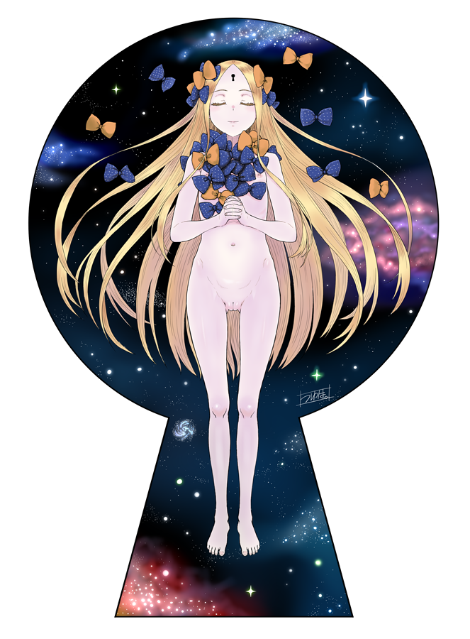 1girl abigail_williams_(fate) barefoot blonde_hair bow closed_eyes completely_nude fate/grand_order fate_(series) flat_chest forehead full_body hair_bow keyhole long_hair minazuki_tsuyuha multiple_hair_bows navel nebula nipples nude orange_bow own_hands_together parted_bangs polka_dot polka_dot_bow pussy smile solo space too_many_bows transparent_background