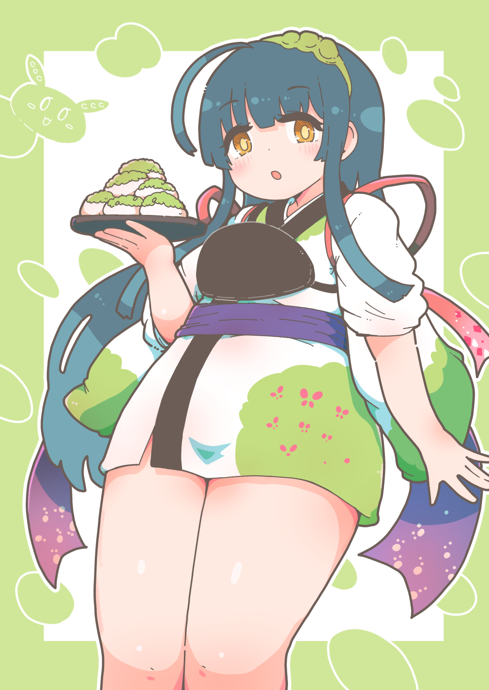 1girl beans brown_eyes food green_background green_hair green_kimono hairband highres japanese_clothes kimono long_hair looking_at_viewer numazoko_namazu obon red_ribbon ribbon simple_background sweets touhoku_zunko voiceroid voicevox zunda_mochi zundamon