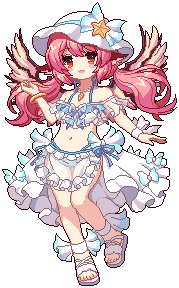 1girl alternate_costume alternate_hairstyle animal_ears ankle_bow ankle_ribbon apron aqua_bow bangle bikini bird_ears bird_wings blue_bikini blue_ribbon bow bracelet brown_eyes frilled_bikini frills full_body game_cg hat hat_bow jewelry kumio leg_ribbon lowres multicolored_bow mystia_lorelei navel pink_hair purple_wings ribbon sandals sarong see-through_apron see-through_bikini see-through_clothes solo starfish_hat_ornament swimsuit tachi-e third-party_source touhou touhou_mystia&#039;s_izakaya twintails white_bikini white_bow white_hat white_sandals white_sarong wings wrist_ribbon