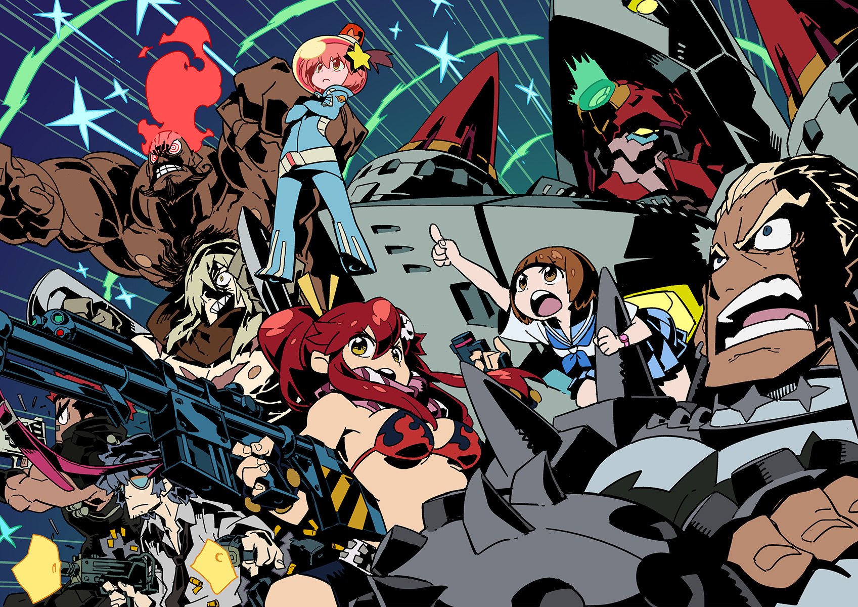 3girls 5boys anti-materiel_rifle arc_gurren-lagann bad_id bad_twitter_id bare_pectorals bikini bikini_top_only black_shirt blonde_hair blue_background blue_eyes blue_skirt brown_eyes brown_hair casing_ejection commentary_request creator_connection crossed_arms fiery_hair firing gamagoori_ira grin gun highres himukai_yuuji holding holding_gun holding_weapon inactive_account kill_la_kill kinagase_tsumugu long_hair lordgenome luluco mac-10/11 mankanshoku_mako mecha mikisugi_aikurou motion_lines multiple_boys multiple_girls muscular neckerchief open_mouth pectorals pleated_skirt pointing red_hair rifle ringed_eyes robot sailor_collar sailor_shirt scar school_uniform serafuku sharp_teeth shell_casing shirt short_hair short_sleeves skirt smile sniper_rifle spacesuit sparkle submachine_gun sunglasses swimsuit teeth tengen_toppa_gurren_lagann uchuu_patrol_luluco viral_(ttgl) weapon white_shirt yellow_eyes yoko_littner