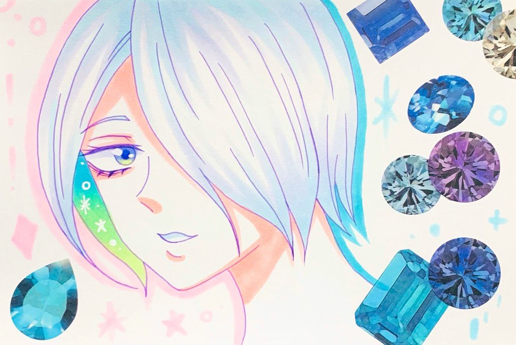 1girl artist_request asymmetrical_bangs boku_no_hero_academia breasts clenched_teeth colored_inner_hair diamond_(gemstone) expressionless eyelashes female_focus gem gem green_gemstone grey_eyes hair_over_one_eye jewelry light_smile looking_at_viewer matching_hair/eyes medium_breasts medium_hair multicolored_hair neck pale_skin parted_lips portrait sidelocks silver_hair standing teeth upper_body yanagi_reiko