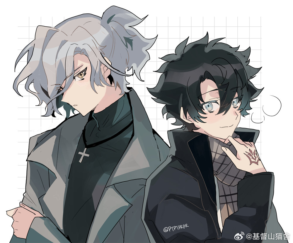 2boys adjusting_scarf alternate_costume artist_name black_coat black_hair black_shirt blue_eyes blush breath brown_scarf chinese_commentary closed_mouth coat command_spell commentary_request cross cross-shaped_pupils cross_necklace edmond_dantes_(fate) fate/grand_order fate_(series) fujimaru_ritsuka_(male) fujimaru_ritsuka_(male)_(winter_casual) grey_coat grey_hair grid_background hair_between_eyes hand_on_own_arm hand_up holding_own_arm jewelry long_sleeves male_focus multiple_boys necklace open_clothes open_coat parted_lips plaid_clothes plaid_scarf ponytail ptptprpr scarf shirt short_hair simple_background smile symbol-shaped_pupils turtleneck twitter_username upper_body watermark weibo_watermark white_background white_shirt yellow_eyes