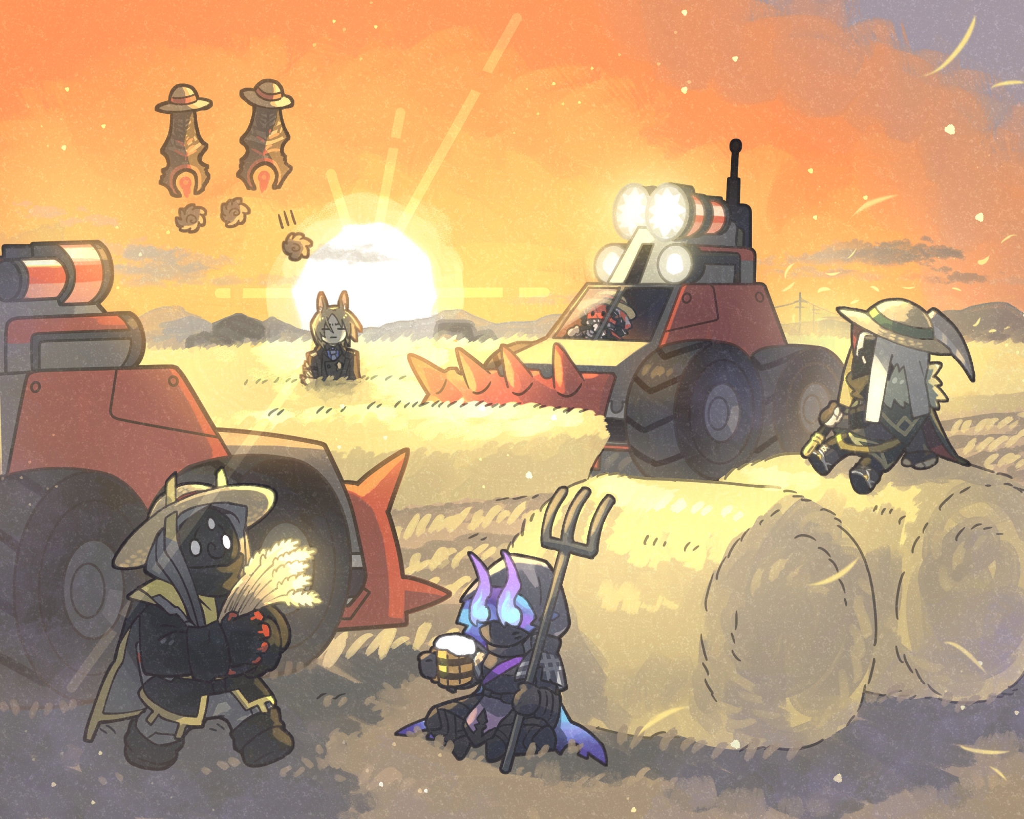 5boys animal_ears arknights beer_mug black_gloves black_jacket black_mask black_shirt blonde_hair closed_eyes combine_harvester commentary_request cup gloves grey_pants hat hay_bale highres holding_wheat horns horns_through_headwear jacket long_sleeves male_focus mask mlynar_(arknights) morini_ochiteru mountainous_horizon mug multiple_boys necktie on_ground outdoors pants pitchfork red_mask scythe sheaf shirt sitting straw_hat sunset utility_pole wheat_field