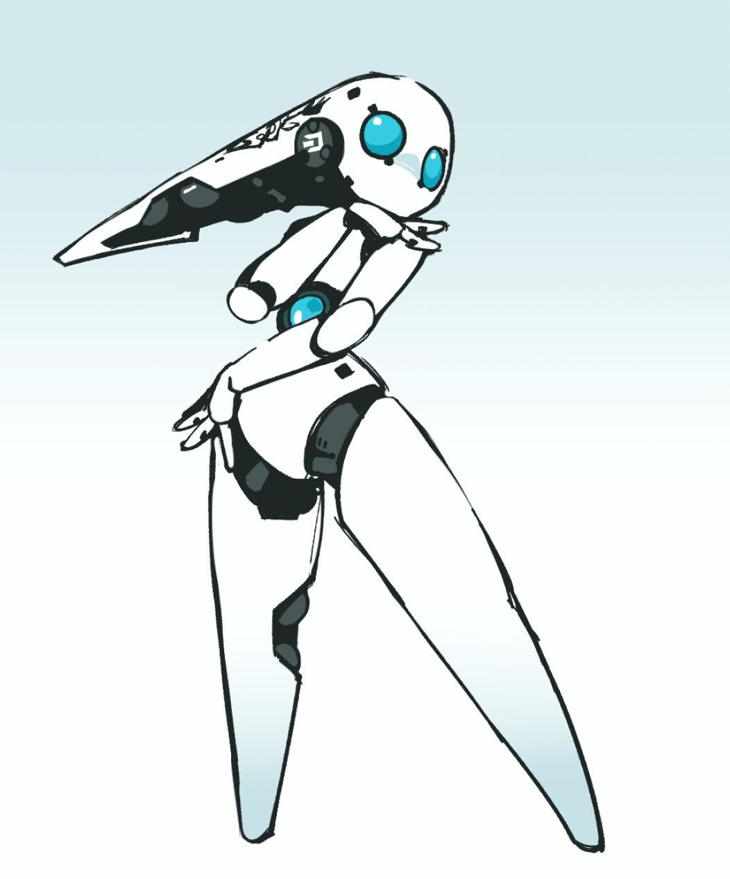 1girl blue_background blue_sclera colored_sclera drossel_von_flugel ethossketches fireball_(series) full_body gradient_background highres humanoid_robot joints legs_apart looking_ahead mechanical_hair no_mouth pose_request robot robot_girl robot_joints simple_background solo standing white_background wide_hips