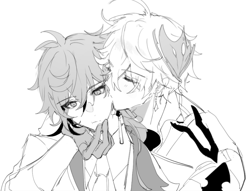 2boys genshin_impact gloves grabbing_another&#039;s_chin greyscale hamtaru542899 hand_on_another&#039;s_chin kiss kissing_cheek monochrome mors_gn multiple_boys stunned tartali.club white_background yaoi zhongli_(genshin_impact)