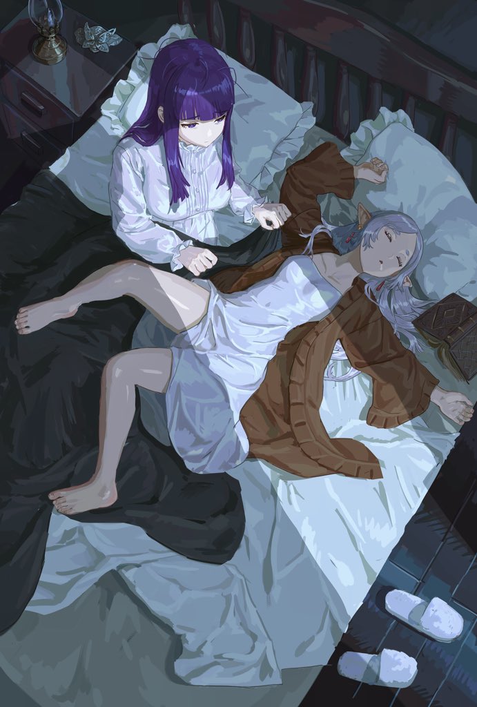 2girls barefoot bed bedroom blanket blunt_bangs book brown_jacket cavehuuu closed_eyes commentary covering_with_blanket dress earrings feet fern_(sousou_no_frieren) floating_earring frieren grimoire hair_down indoors jacket jewelry lantern long_hair multiple_girls night nightstand on_bed parted_bangs parted_lips pillow pointy_ears purple_hair saliva sleeping slice_of_life slippers sousou_no_frieren toes unworn_slippers white_dress white_footwear white_hair