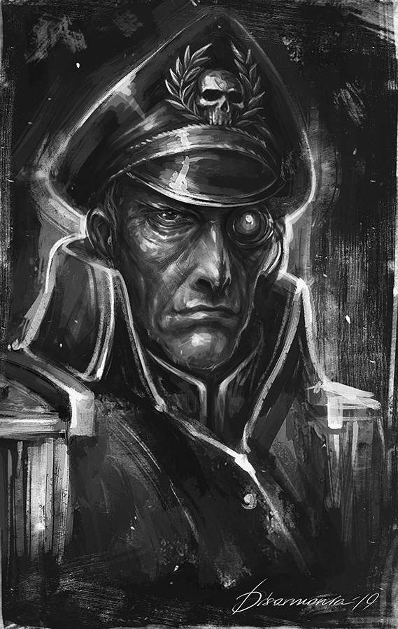 1boy battle_standard commentary commissar english_commentary greyscale hat jacket looking_at_viewer male_focus military military_hat military_uniform monochrome peaked_cap portrait scar sebastian_yarrick signature simple_background skull skull_ornament solo veronica_anrathi warhammer_40k