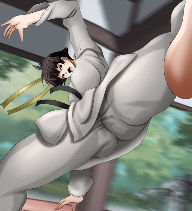 breasts capcom dougi huge_breasts karate large_breasts makoto_(street_fighter) mokusa nipples scarf short_hair street_fighter street_fighter_iii_(series) tomboy