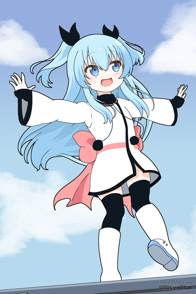 1girl :d black_ribbon black_thighhighs blue_eyes blue_hair blue_sky boots bow cloud commentary_request commission day english_text full_body hair_between_eyes hair_ribbon jacket knee_boots long_hair long_sleeves mitya noel_(sora_no_method) open_mouth outdoors outstretched_arms pink_bow pom_pom_(clothes) revision ribbon shoe_soles skeb_commission sky smile solo sora_no_method spread_arms standing standing_on_one_leg thighhighs thighhighs_under_boots twitter_username two_side_up very_long_hair watermark white_boots white_jacket wide_sleeves