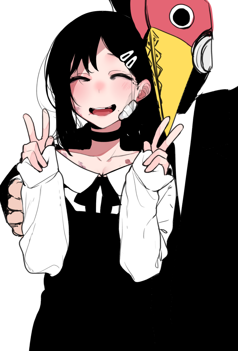 1boy 1girl black_dress black_hair blush bruise chainsaw_man choker double_v dress gas_mask hair_ornament hairclip hetero higashiyama_kobeni highres injury long_sleeves mask missing_tooth plague_doctor_mask shikosour smile upper_body v violence_fiend_(chainsaw_man)