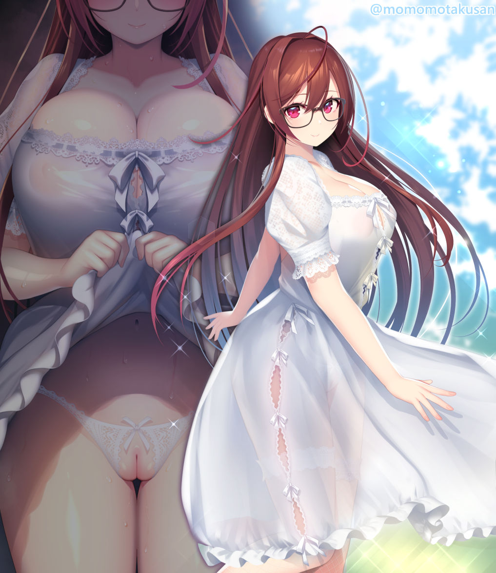 1girl ahoge arima_senne breasts brown_hair cleavage dress glasses hair_between_eyes kashiwamochi_yomogi large_breasts lifting_own_clothes long_hair looking_at_viewer navel original panties pussy red_eyes see-through_clothes short_sleeves solo thigh_strap underwear white_dress
