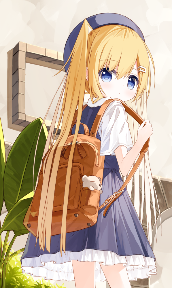 1girl backpack bag beret blonde_hair blue_dress blue_eyes blue_hat blush closed_mouth collared_shirt dress flower_girl_(yuuhagi_(amaretto-no-natsu)) frilled_dress frills from_behind hair_between_eyes hair_ornament hairclip hat long_hair looking_at_viewer looking_back original shirt short_sleeves sleeveless sleeveless_dress solo standing stuffed_animal stuffed_toy teddy_bear very_long_hair white_shirt yuuhagi_(amaretto-no-natsu)