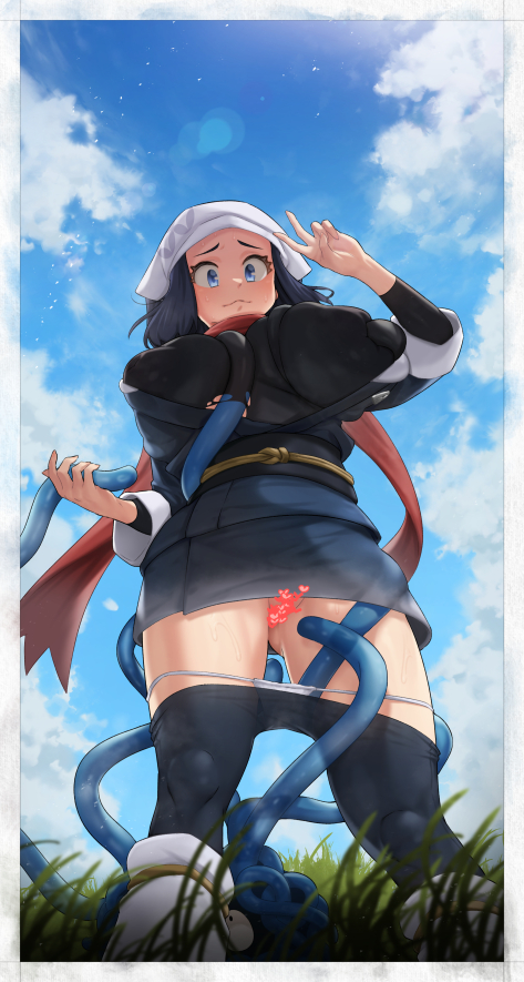 1girl akari_(pokemon) arm_up between_breasts black_shirt blue_hair blue_sky blush border breasts censored closed_mouth clothes_pull cloud cloudy_sky covered_erect_nipples day eyelashes feet_out_of_frame floating_scarf fundoshi gen_1_pokemon gluteal_fold grass grey_border hand_up headscarf heart heart_censor huge_breasts japanese_clothes long_sleeves nintendo outdoors paid_reward_available pantyhose pantyhose_pull pokemon pokemon_legends:_arceus pokephilia puffy_nipples red_scarf rope scarf shirt sky sweat sweatdrop tangela tentacle_sex tentacles tentacles_under_clothes tianzhong_zhongtian torn_clothes v white_headscarf