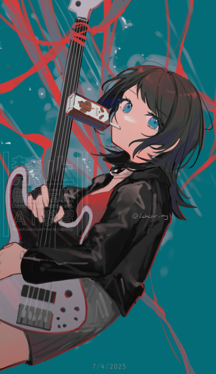 1girl 5-string_bass_guitar bang_dream! bang_dream!_it&#039;s_mygo!!!!! black_hair black_jacket blue_background blue_eyes carton commentary_request drinking_straw drinking_straw_in_mouth bass_guitar grey_skirt highres jacket lehcar long_sleeves medium_hair red-framed_eyewear skirt solo yahata_umiri