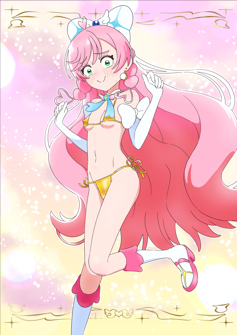 1girl bare_shoulders bikini blush boots bow breasts commentary_request cure_prism earrings elbow_gloves embarrassed gloves gold_bikini green_eyes hair_bow highres hirogaru_sky!_precure jewelry kakuma_ai knee_boots long_hair looking_at_viewer magical_girl navel nijigaoka_mashiro official_style parody pink_hair precure side-tie_bikini_bottom small_breasts solo standing standing_on_one_leg style_parody swimsuit tiler_(tiler00) very_long_hair voice_actor_connection white_gloves