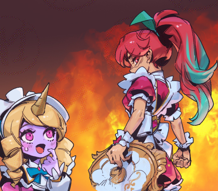 2girls :d angry arm_at_side blush bow bowtie cafe_cuties_sivir cafe_cuties_soraka dress drill_hair fire gem green_bow green_bowtie green_hair holding holding_tray horns large_bow league_of_legends long_hair looking_at_another looking_at_viewer looking_back maid_headdress multiple_girls open_mouth phantom_ix_row pink_eyes ponytail puffy_short_sleeves puffy_sleeves red_dress red_hair short_sleeves side_drill single_horn sivir smile soraka_(league_of_legends) standing sweatdrop tray twin_drills white_bow