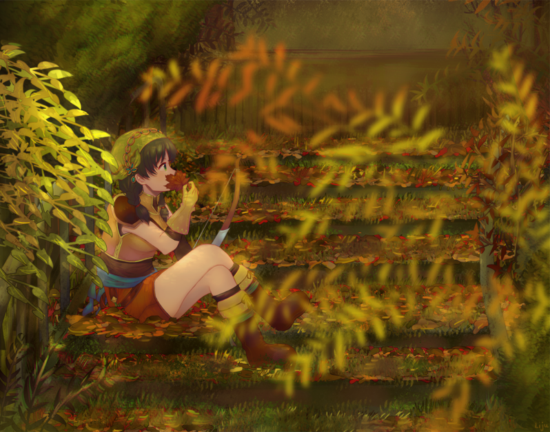 1girl autumn autumn_leaves black_hair blue_eyes blurry boots bow_(weapon) brown_boots crossed_legs depth_of_field female_focus fire_emblem fire_emblem:_the_blazing_blade from_side full_body gloves green_hair holding holding_leaf leaf lijupy looking_to_the_side md5_mismatch nintendo outdoors profile rebecca_(fire_emblem) short_twintails sitting solo stairs twintails weapon