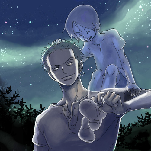 1boy 1girl bad_id bad_pixiv_id carrying earrings closed_eyes futomaki ghost jewelry kuina lowres night one_piece roronoa_zoro sitting_on_shoulder sky smile wado_ichimonji