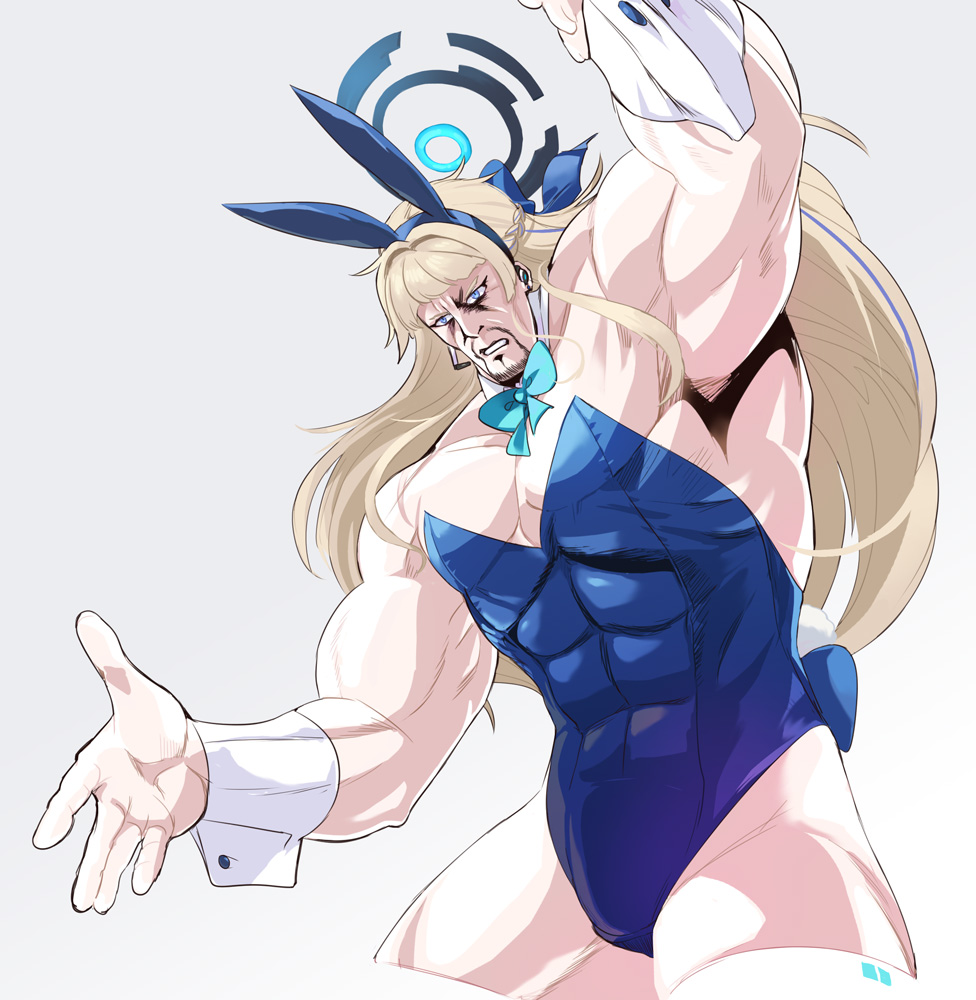 1boy abs animal_ears blonde_hair blue_archive blue_eyes bow bowtie cosplay crossdressing crossdressing_(mtf) detached_collar facial_hair fake_animal_ears goatee halo hara_tetsuo_(style) hokuto_no_ken hokuto_no_ken:_shinpan_no_sousousei_kengou_retsuden leotard long_hair male_focus male_playboy_bunny muscular muscular_male naik name_connection outstretched_arms playboy_bunny simple_background solo toki_(blue_archive) toki_(blue_archive)_(cosplay) toki_(bunny)_(blue_archive) toki_(hokuto_no_ken) wrist_cuffs