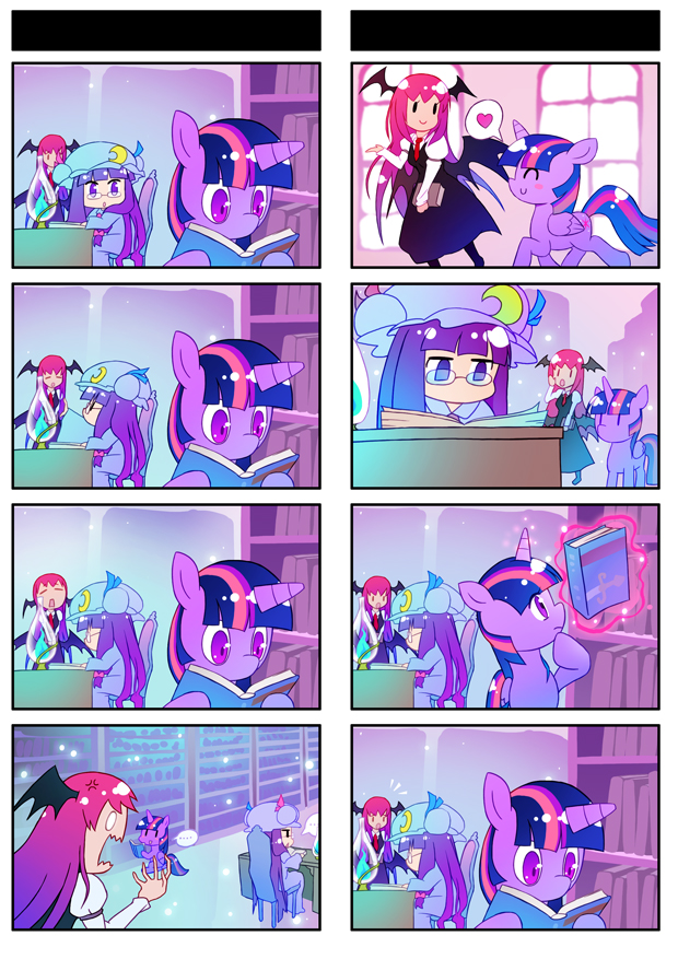2girls 4koma angry book bookshelf building chinese_text collared_shirt comic crescent crossover demon_girl desk floating glasses hat head_wings holding holding_book horns indoors koakuma library long_hair magic mob_cap multicolored_hair multiple_girls my_little_pony my_little_pony:_friendship_is_magic o_o open_book pantyhose patchouli_knowledge pegasus reading red_hair rimless_eyewear sharp_teeth shirt single_horn table teeth textless_version thinking touhou twilight_sparkle two-tone_hair unicorn vest white_shirt wide-eyed wings xin_yu_hua_yin zxyon2008
