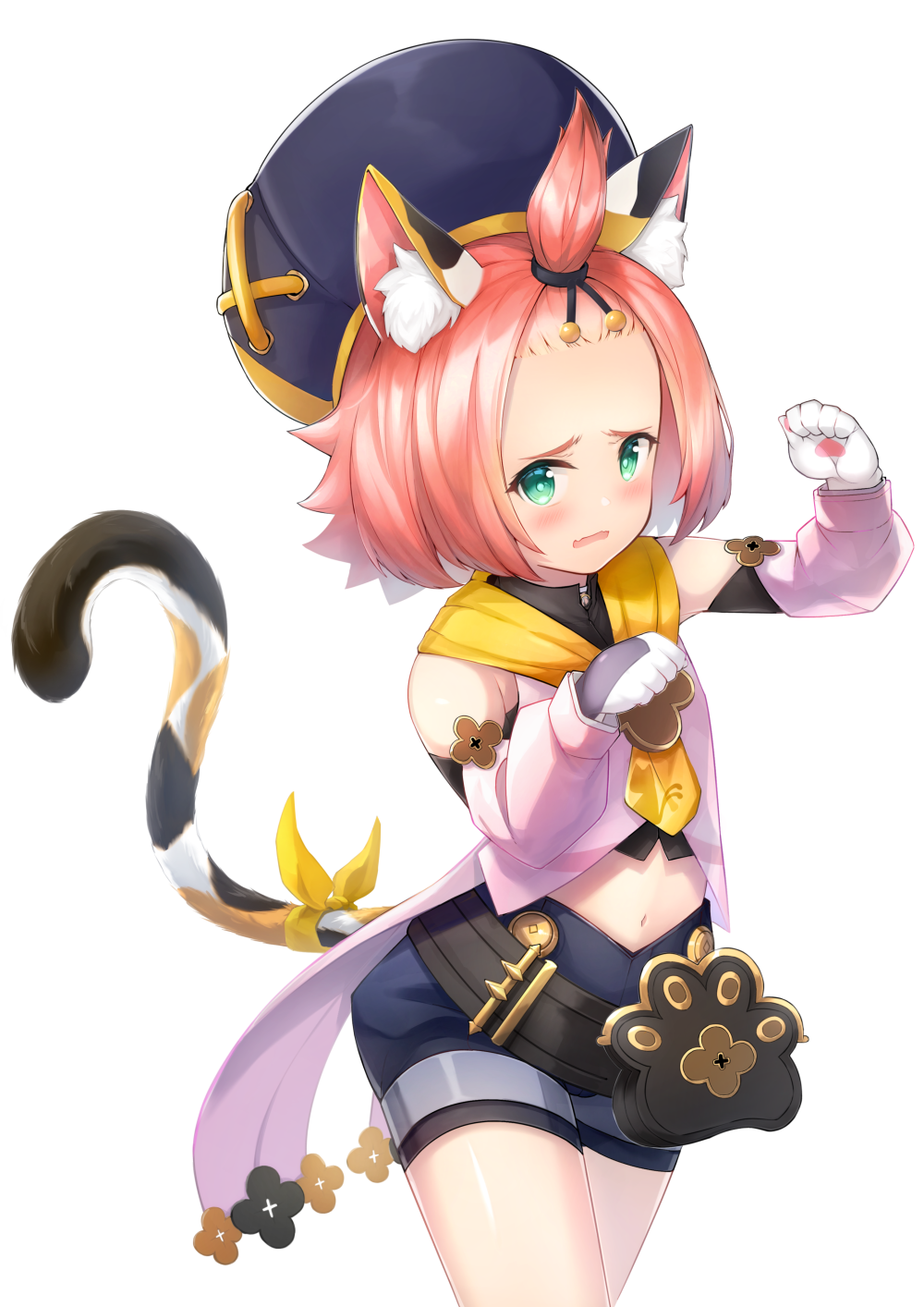 1girl animal_ears bag bangs_pinned_back belt cat_ears cat_girl cat_tail commentary detached_sleeves diona_(genshin_impact) forehead genshin_impact green_eyes hair_ribbon hat highres long_sleeves looking_at_viewer midriff navel paw_pose paw_print pink_hair puffy_detached_sleeves puffy_shorts puffy_sleeves ribbon rizihike short_hair shorts sidelocks simple_background solo tail thick_eyebrows white_background