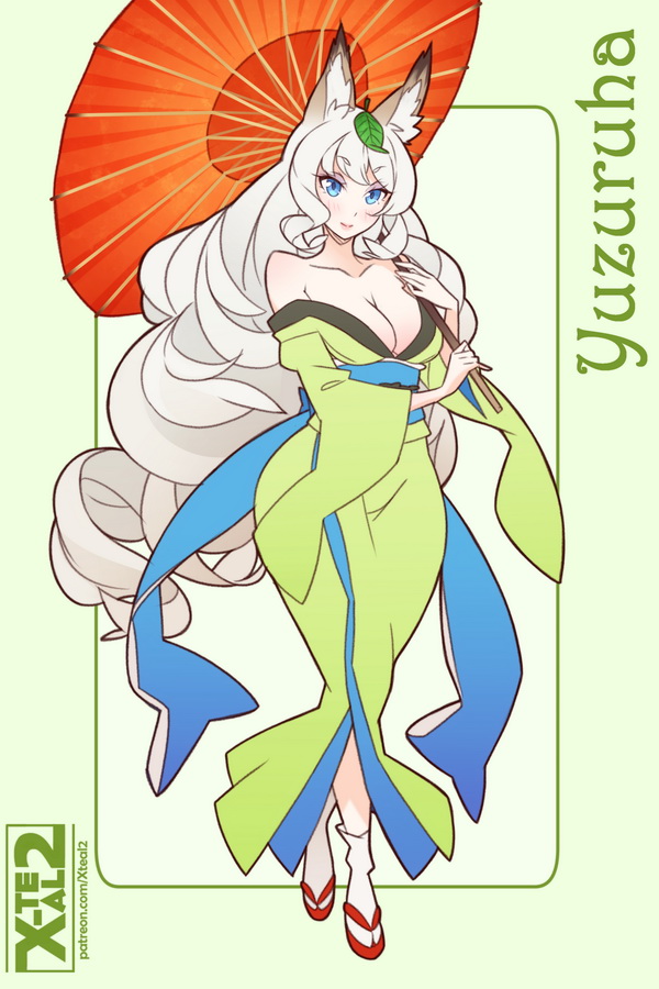 1girl animal_ears artist_name blue_eyes breasts character_name cleavage female_focus fox_ears fox_tail full_body japanese_clothes kimono kitsune large_breasts leaf leaf_on_head looking_at_viewer obi oboro_muramasa off_shoulder sash silver_hair smile solo tail umbrella vanillaware x-t3al yuzuruha