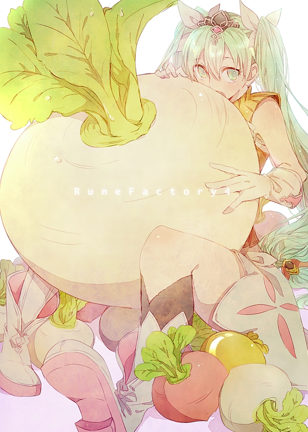 1girl a082 ankle_boots between_legs boots copyright_name dew_drop eating eatings english_text fang female_focus food frey_(rune_factory) gloves green_eyes green_hair hair_between_eyes kneehighs long_hair looking_at_viewer matching_hair/eyes open_mouth rune_factory rune_factory_4 sitting sleeveless socks solo tiara turnip twintails vegetable water_drop white_background white_gloves