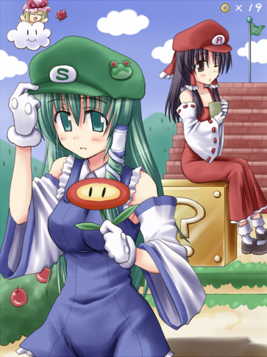 3girls =_= ?_block \o/ arms_up berry blonde_hair bobby_socks color_connection cosplay costume creaholic crossover drink fire_flower flag flagpole flower gloves green_hair hakurei_reimu hand_on_headwear hat japanese_clothes kochiya_sanae lakitu long_hair luigi luigi_(cosplay) mario mario_(cosplay) mario_(series) mary_janes miko multiple_girls nintendo one_eye_closed outstretched_arms parody ribbon shoes short_hair socks spiny_egg super_mario_bros._1 toshihiro touhou white_gloves wink yakumo_yukari