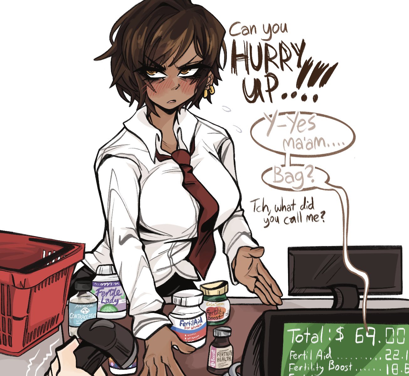 1girl barcode_scanner brown_eyes brown_hair cash_register cashier collared_shirt commentary dark-skinned_female dark_skin drugs english_commentary english_text fertility_drug highres holding holding_barcode_scanner kecchi0 limbus_company mature_female medicine medicine_bottle meme necktie outis_(project_moon) pill_bottle project_moon shirt shopping_basket short_hair simple_background white_background white_shirt with_enough_power_you_can_refire_even_a_dying_star_(meme)