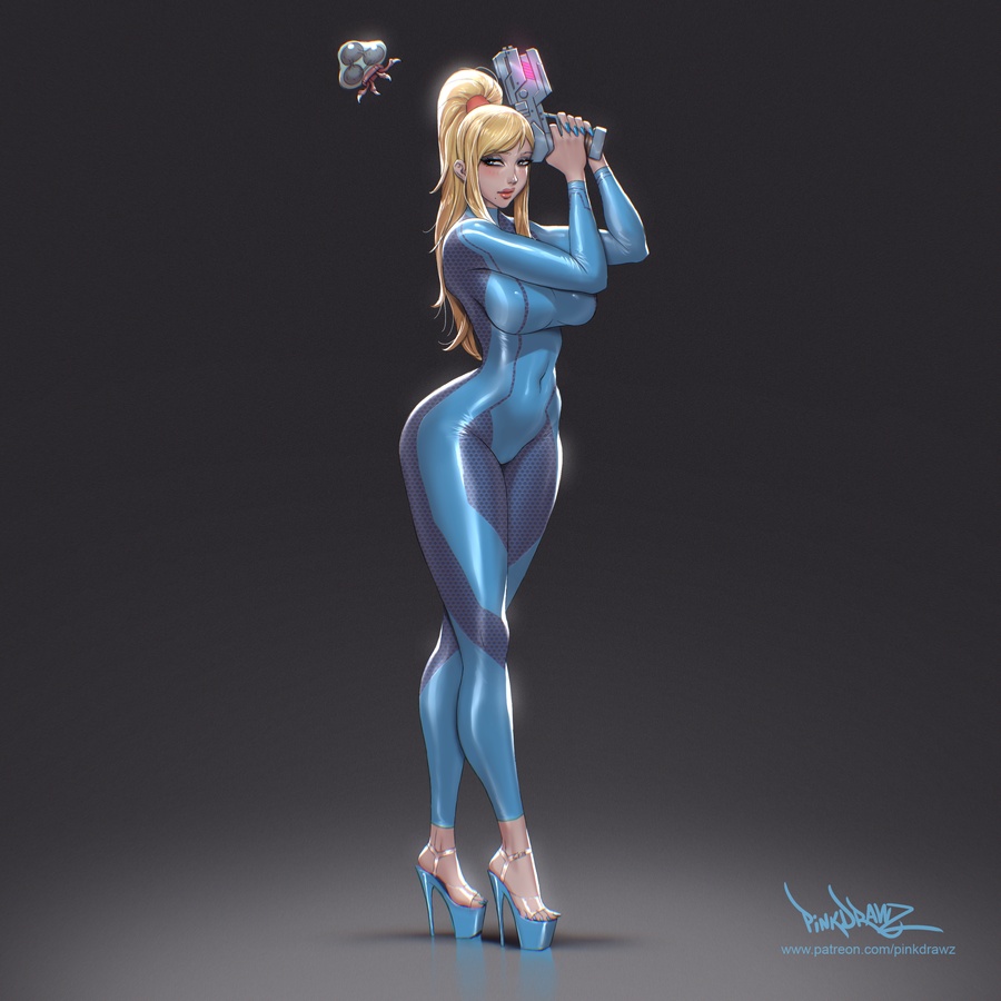 1girl blonde_hair blue_bodysuit blue_eyes bodysuit breasts feet gun high_heels latex lips long_hair looking_at_viewer metroid metroid_(creature) mole mole_under_mouth nintendo pinkdrawz ponytail samus_aran skin_tight smile solo weapon zero_suit