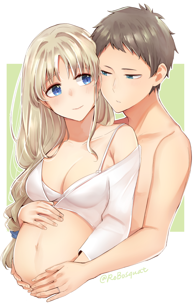 1boy 1girl aqua_eyes blue_eyes blush bra braid breasts brown_hair carrot_(robosquat) cleavage clothed_female_nude_male collarbone cropped_shirt cropped_torso darling_in_the_franxx green_background hands_on_another&#039;s_stomach hands_on_own_stomach hetero kokoro_(darling_in_the_franxx) light_smile long_hair looking_at_another low-tied_long_hair mitsuru_(darling_in_the_franxx) navel nude parted_lips pregnant shirt sideways_glance underwear upper_body white_bra white_shirt