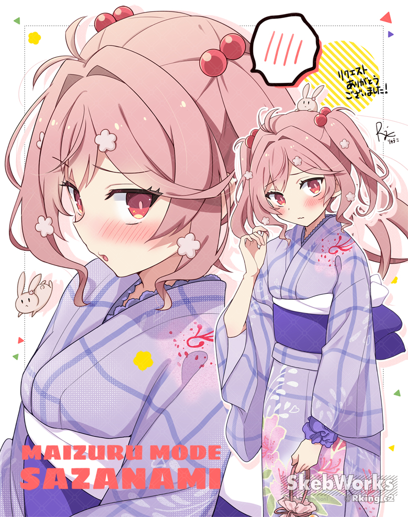 1girl alternate_costume animal animal_on_head bag breasts character_name commentary_request commission feet_out_of_frame floral_print flower hair_flower hair_ornament japanese_clothes kantai_collection kimono medium_breasts multiple_views on_head pink_hair purple_kimono r-king rabbit rabbit_on_head red_eyes satchel sazanami_(kancolle) skeb_commission spoken_blush translation_request twintails upper_body yukata