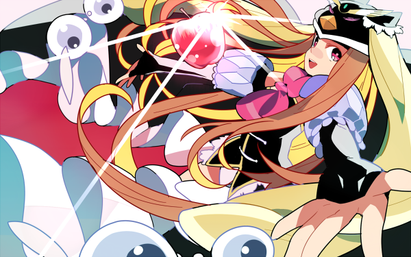 1girl apple black_bridal_gauntlets black_leotard bridal_gauntlets brown_hair food foreshortening fruit glint hat hidakarumen leotard long_hair looking_at_viewer mawaru_penguindrum open_mouth penguin_hat pink_eyes pink_ribbon princess_of_the_crystal ribbon showgirl_skirt solo takakura_himari very_long_hair