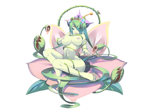 1girl alraune barefoot blue_eyes blush breasts colored_skin completely_nude eyes_visible_through_hair feet flower flower_on_head game_cg glowing glowing_eyes green_hair green_skin hair_flower hair_ornament kanon_(mon-musu_quest!) large_breasts long_hair looking_at_viewer mon-musu_quest! mon-musu_quest:_paradox monster_girl navel nipples non-web_source nose nude open_mouth plant plant_girl plant_hair shiki_(psychedelic_g2) sitting smile solo variant_set venus_flytrap very_long_hair vines