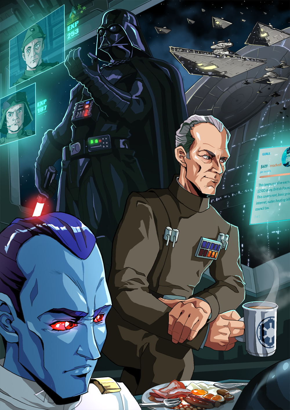 5boys admiral_piett animification bacon beans blue_skin breakfast coffee coffee_mug colored_skin cup darth_vader death_star egg egg_(food) energy_sword english_text food fried_egg galactic_empire_(star_wars) general_veers grand_admiral_thrawn grand_moff_tarkin highres holding holding_sword holding_weapon holographic_interface lightsaber mug multiple_boys otaking red_eyes red_lightsaber sausage star_destroyer star_wars sword weapon