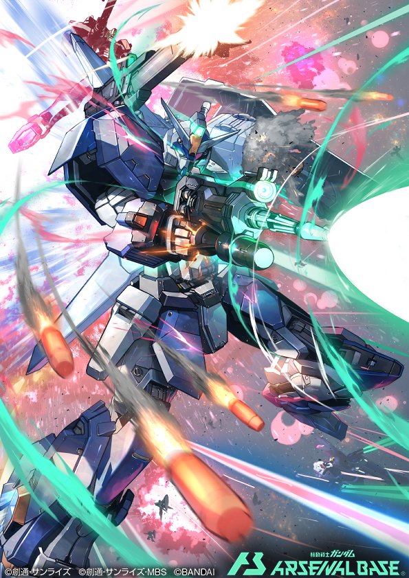 blue_eyes duel_gundam energy_gun explosion eye_trail firing glowing glowing_eye gun gundam gundam_arsenal_base gundam_seed holding holding_gun holding_weapon kuri_giepi light_trail mecha no_humans official_art robot science_fiction shoulder_cannon smoke solo space v-fin weapon