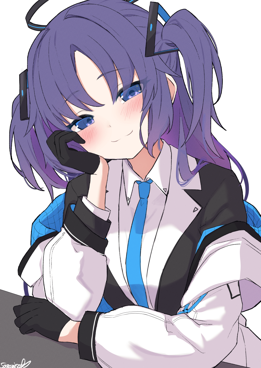 1girl black_gloves blue_archive blue_necktie blush gloves hair_ornament halo highres id_card jacket lanyard long_hair long_sleeves looking_at_viewer mechanical_halo necktie purple_eyes purple_hair sazamiso_rx shirt simple_background smile solo twintails two-sided_fabric two-sided_jacket white_background white_shirt yuuka_(blue_archive)