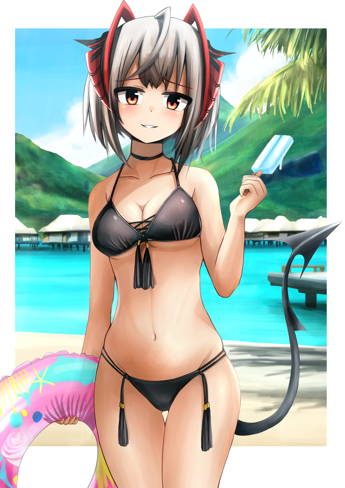 1girl alternate_costume arknights bikini black_bikini black_tail breasts demon_girl demon_horns demon_tail food grey_hair highres horns innertube kk90 looking_at_viewer orange_eyes popsicle red_horns swim_ring swimsuit tail tube underboob w_(arknights)