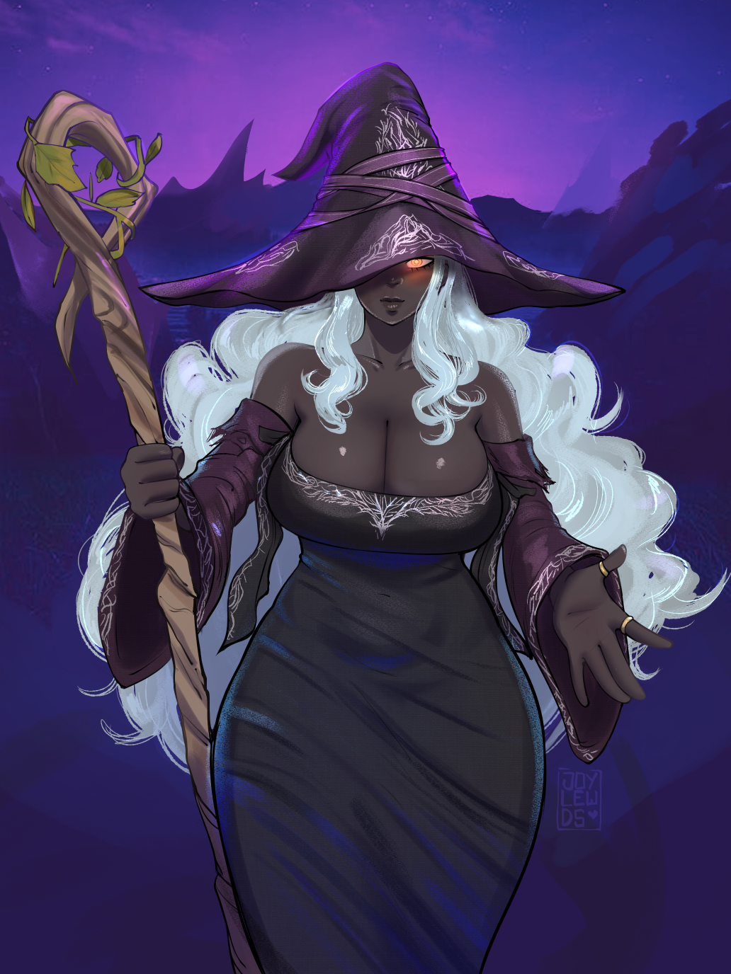 1girl big_hair black_dress breasts cleavage colored_skin dark-skinned_female dark_skin dress elden_ring elden_ring_nightreign glowing glowing_eye hat hat_over_one_eye highres holding holding_staff joylewds large_breasts long_hair purple_hat recluse_(elden_ring) red_eyes solo staff very_dark_skin very_long_hair white_hair witch_hat