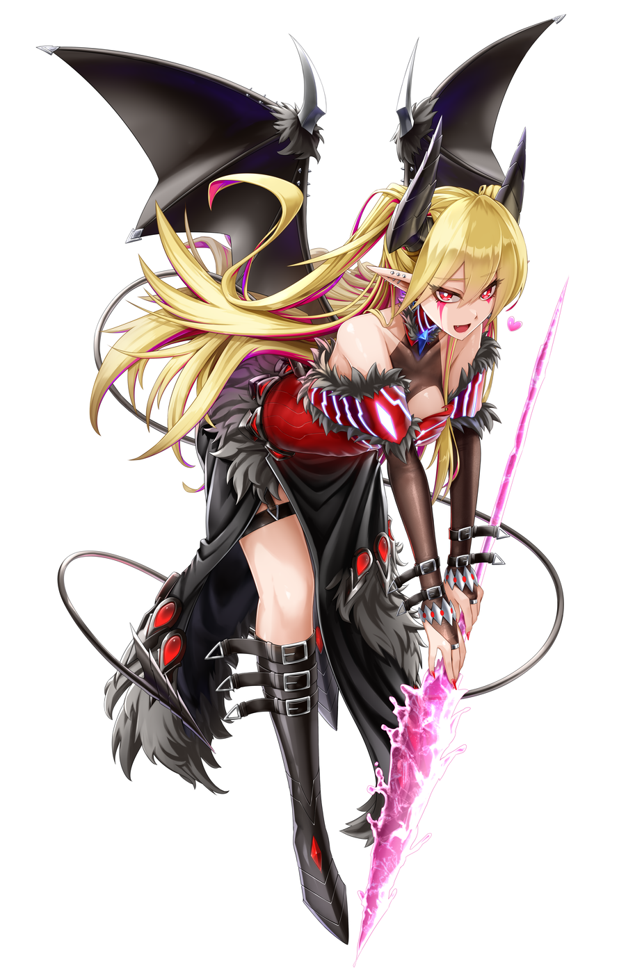 1girl black_boots blonde_hair boots breasts cleavage cleavage_cutout clothing_cutout demon_girl demon_horns demon_tail dress duel_monster full_body harpoon highres horns lacrima_the_crimson_tears large_breasts leaning_forward looking_at_viewer makeup nokia_(nm) pelvic_curtain red_dress red_eyes runny_makeup smile solo strapless strapless_dress tail thighs white_background yu-gi-oh!