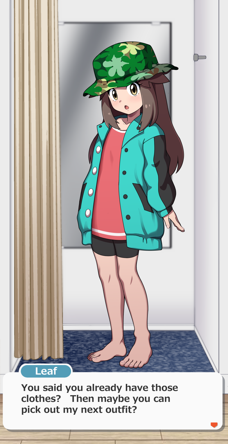 1girl :o arrow_(symbol) barefoot bike_shorts brown_eyes brown_hair buttons character_name commentary_request commission curtains dialogue_box english_text eyelashes fitting_room full_body green_hat green_jacket hair_flaps hat highres indoors jacket knees kohatsuka leaf_(pokemon) leaf_(sygna_suit)_(pokemon) long_hair looking_at_viewer nintendo official_alternate_costume open_clothes open_jacket open_mouth pink_shirt pixiv_commission pokemon pokemon_masters_ex shirt sidelocks solo standing toes wooden_floor