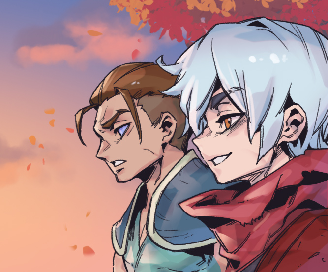 2boys blue_eyes brown_eyes brown_hair cloud from_side grey_hair league_of_legends male_focus multiple_boys no_mask petals phantom_ix_row profile shen_(league_of_legends) short_hair shoulder_plates teeth tree upper_body zed_(league_of_legends)